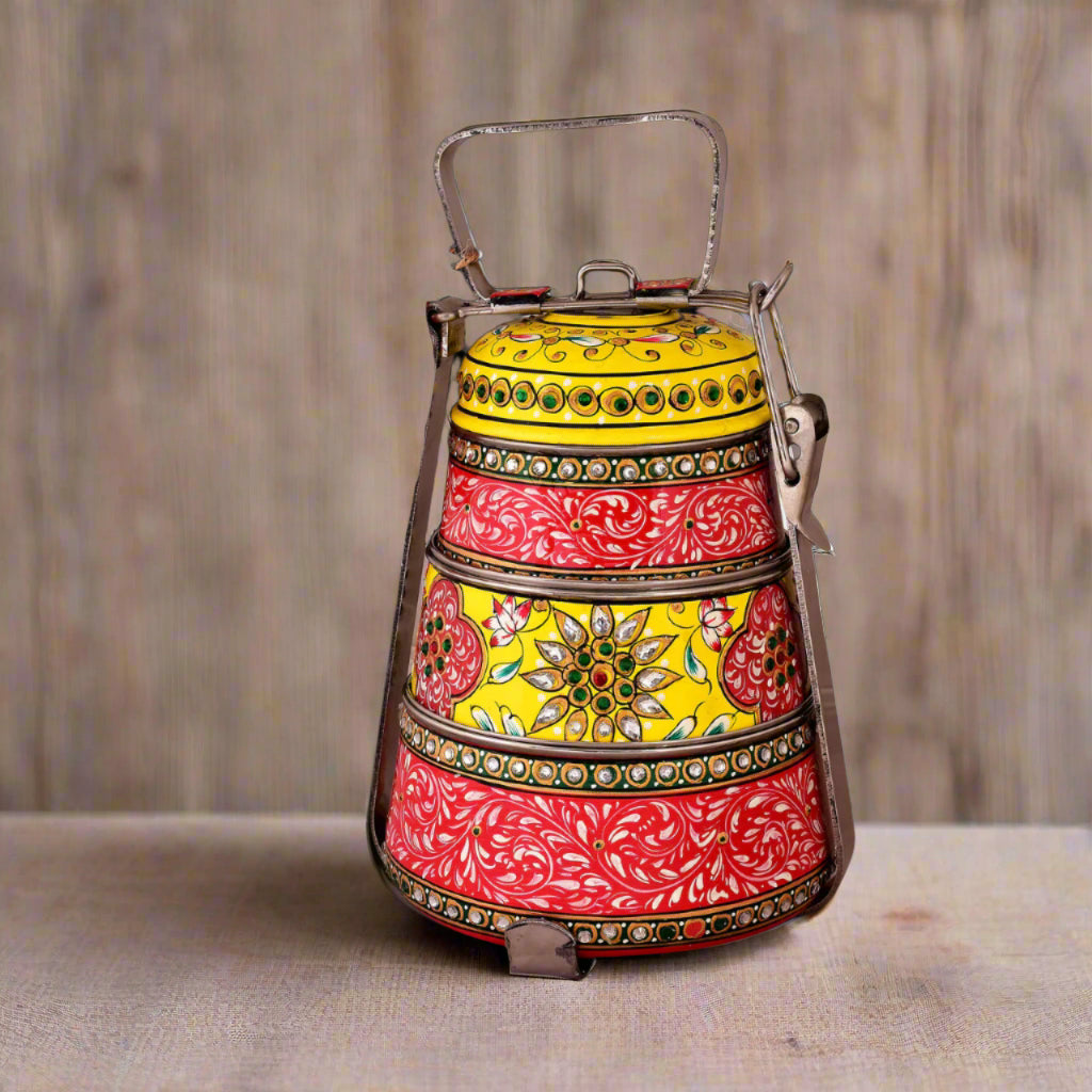 Hand-Painted 3-Tier Stainless Steel Lunch Box – red and yellow Design Eco-Friendly tiffin box